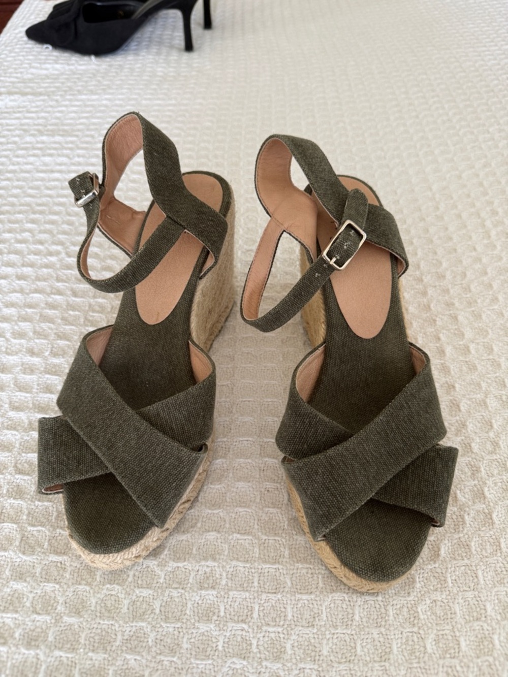 Castaner Olive Green Canvas Espadrille Wedge Sandals with Ankle Buckle - Sz.8.5